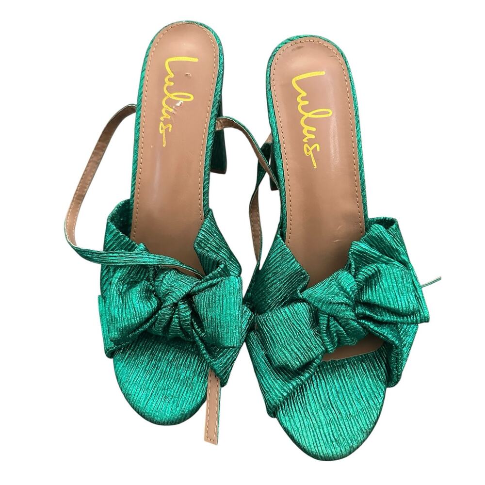 Lulus Lilsa Green Metallic Bow Platform Ankle Strap Heels Size 8.5 - Picture 2 of 10